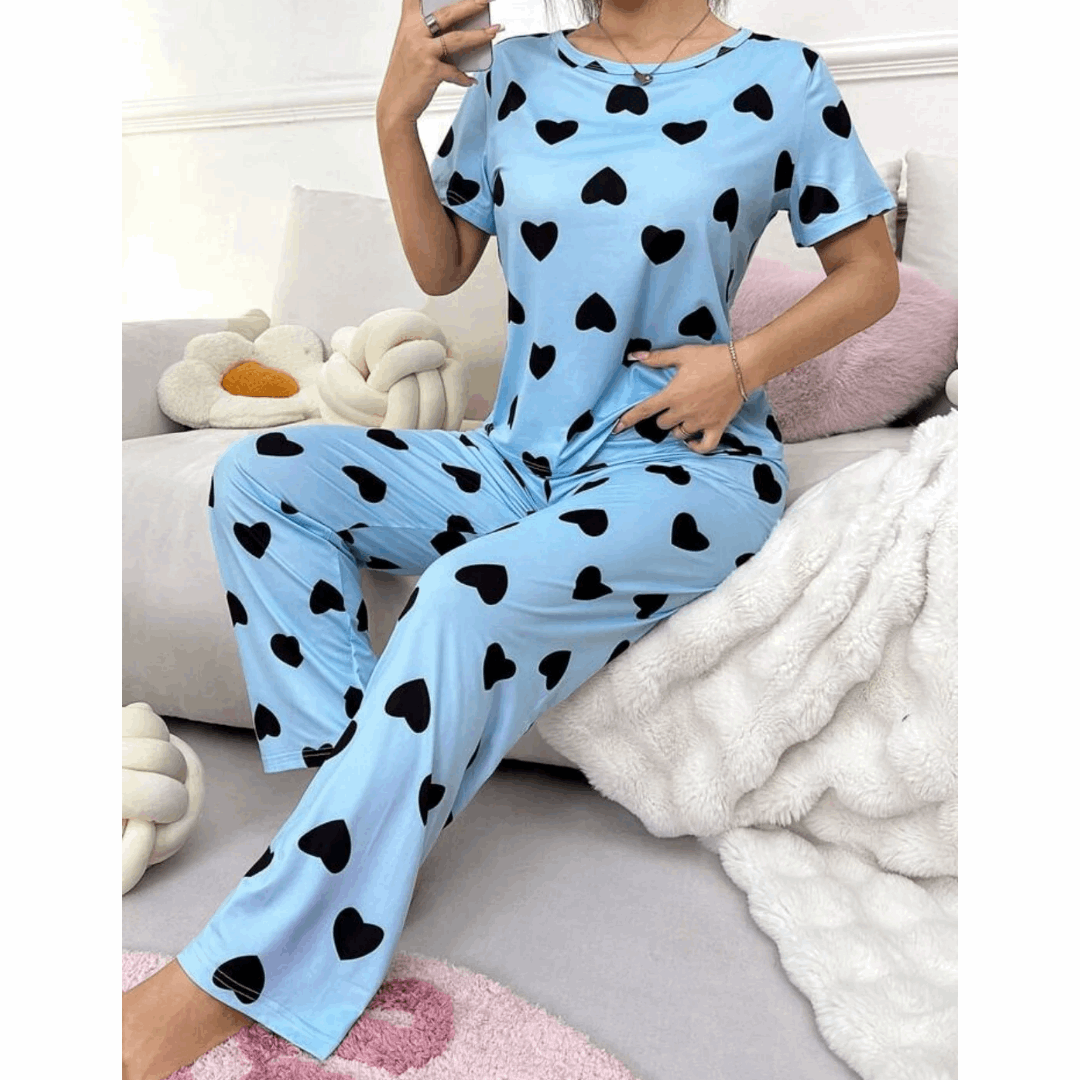 Blue With Black Hearts Print Half Sleeves T-shirt With Hearts Printed Trouser Suit