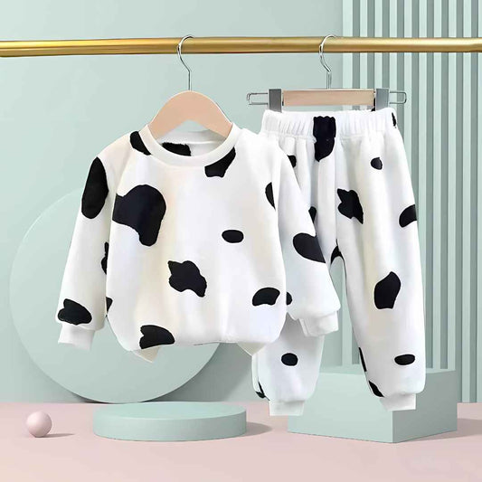 White & Black Cow Print Sweatshirt With Trouser For Kids Baby & Baba Both