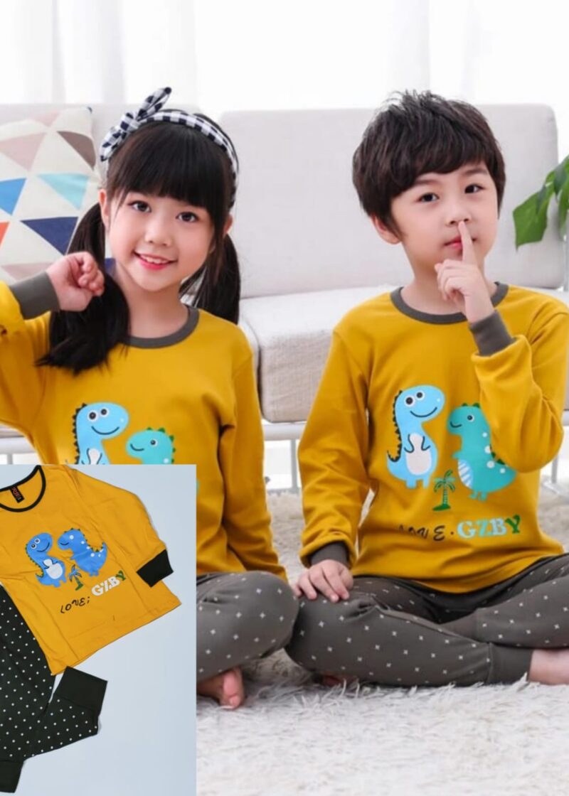Baby or Baba Yellow 2 Dinosaur With Doted Trouser Print Full Sleeves Night Suit for Kids (1 Pcs)