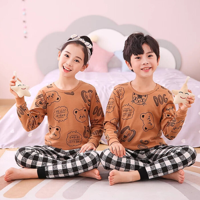 Baby or Baba Brown Hello Friend with Check Style Pajama Night Suit for Kids (1 Pcs) - Image 2