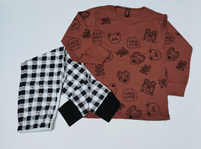 Baby or Baba Brown Hello Friend with Check Style Pajama Night Suit for Kids (1 Pcs) - Image 3