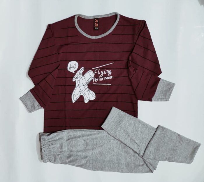 Baby or Baba Maroon and Grey Flying Performance Print Night Suit for Kids - Image 3