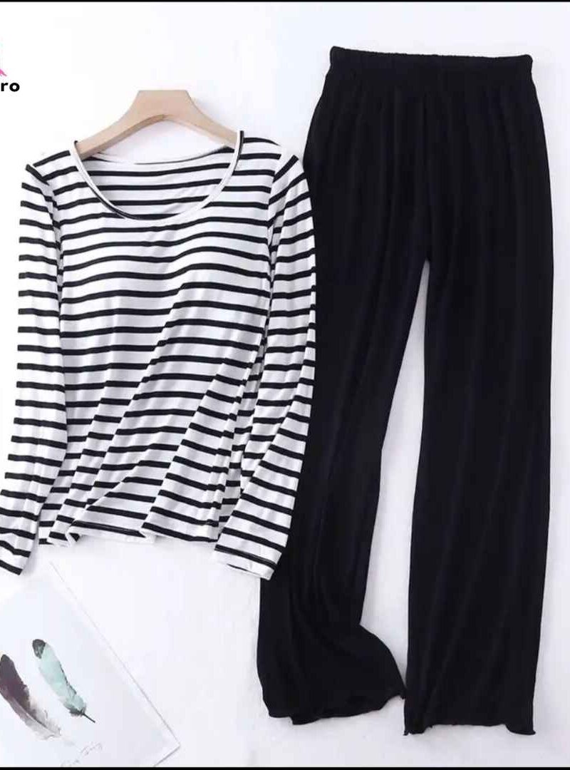 Black & White Stripes Tee with Black Trouser PJ Set