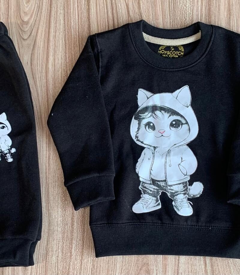 Black Cute Kitty Print Sweatshirt With Trouser Tracksuit For Kids Baby & Baba Both