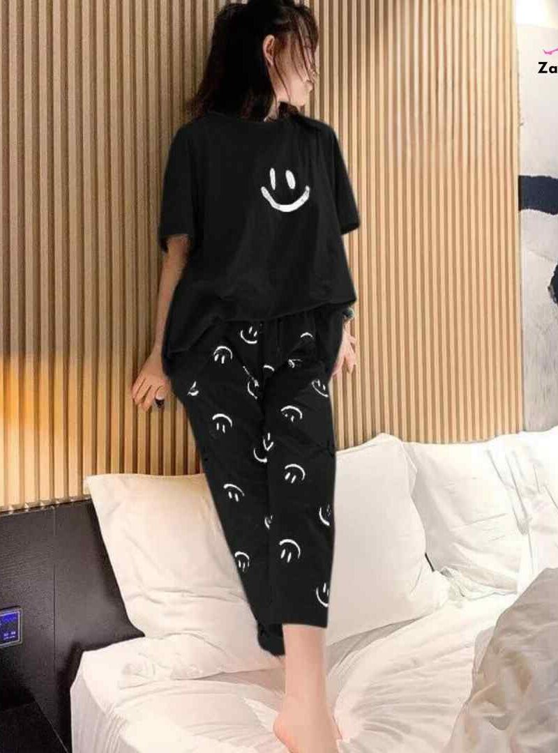 Black Smiley Tee Half Sleeves With Smile Trouser Night Suit