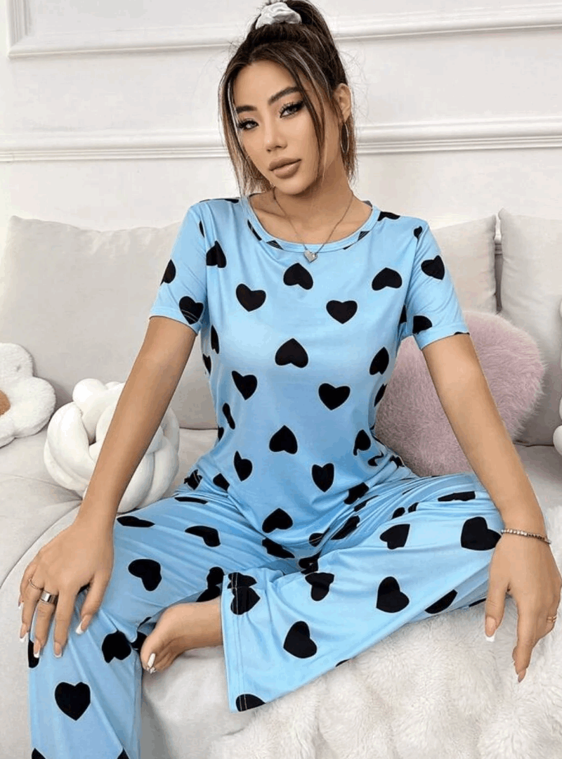 Blue With Black Hearts Print Half Sleeves T-shirt With Hearts Printed Trouser Suit