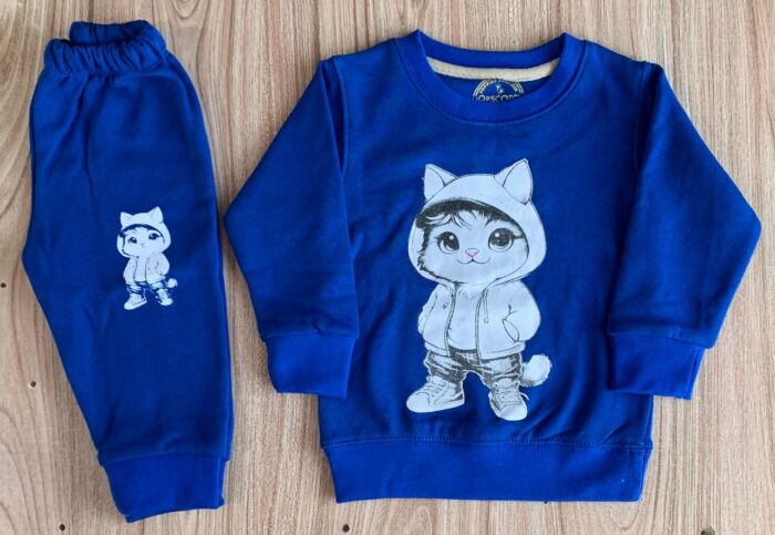 Blue Cute Kitty Print Sweatshirt With Trouser Tracksuit For Kids Baby & Baba Both - Image 2
