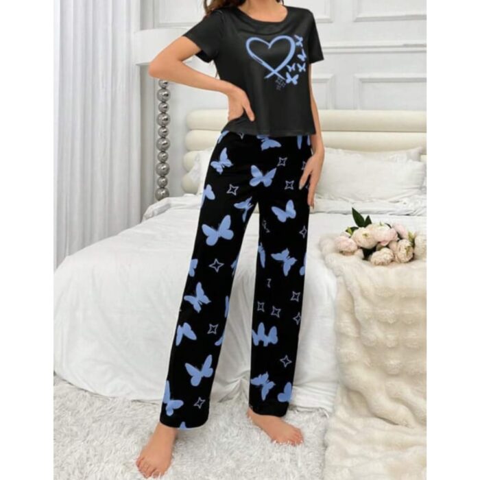 Black With Blue Butterflies Heart Printed T-shirt And Butterflies Printed Trouser Suit - Image 3