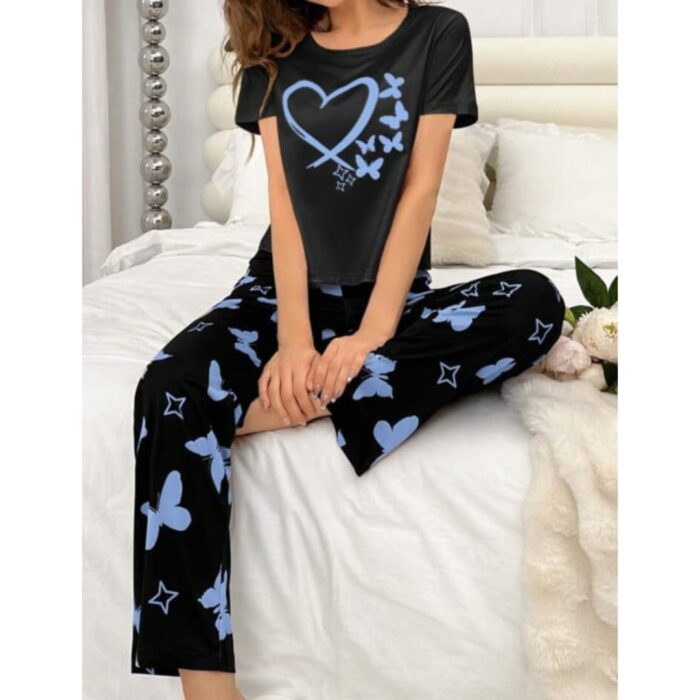 Black With Blue Butterflies Heart Printed T-shirt And Butterflies Printed Trouser Suit - Image 5
