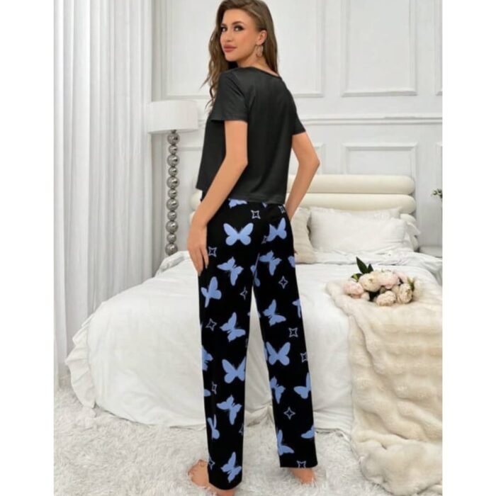 Black With Blue Butterflies Heart Printed T-shirt And Butterflies Printed Trouser Suit - Image 6