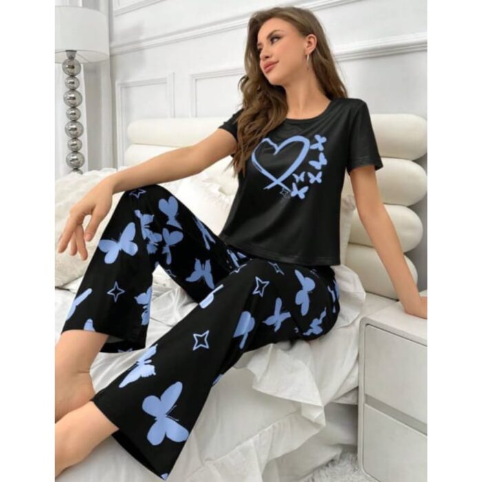 Black With Blue Butterflies Heart Printed T-shirt And Butterflies Printed Trouser Suit - Image 2