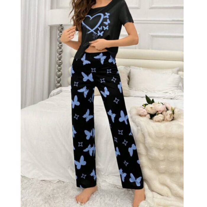 Black With Blue Butterflies Heart Printed T-shirt And Butterflies Printed Trouser Suit - Image 4
