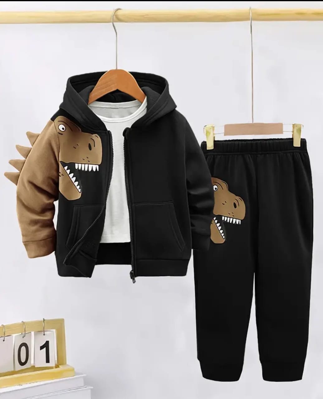 Brown & Black Roaring Dino Stylish Printed Zipper Sweatshirt With Trouser Tracksuit With Hoodie Set For Kids