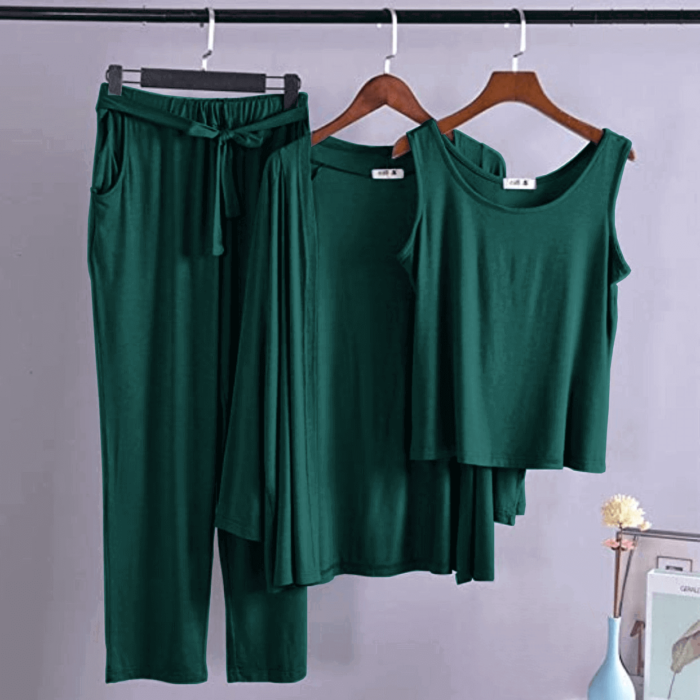 Bottle Green Long Sleeve Gown with Sleeveless Inner Women & Girls Night Dress PJ Set 3 Pieces