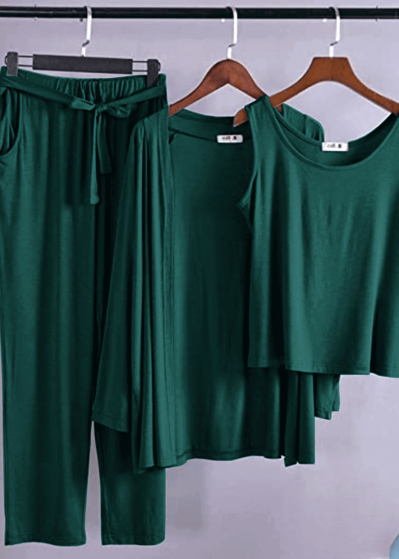 Bottle Green Long Sleeve Gown with Sleeveless Inner Women & Girls Night Dress PJ Set 3 Pieces