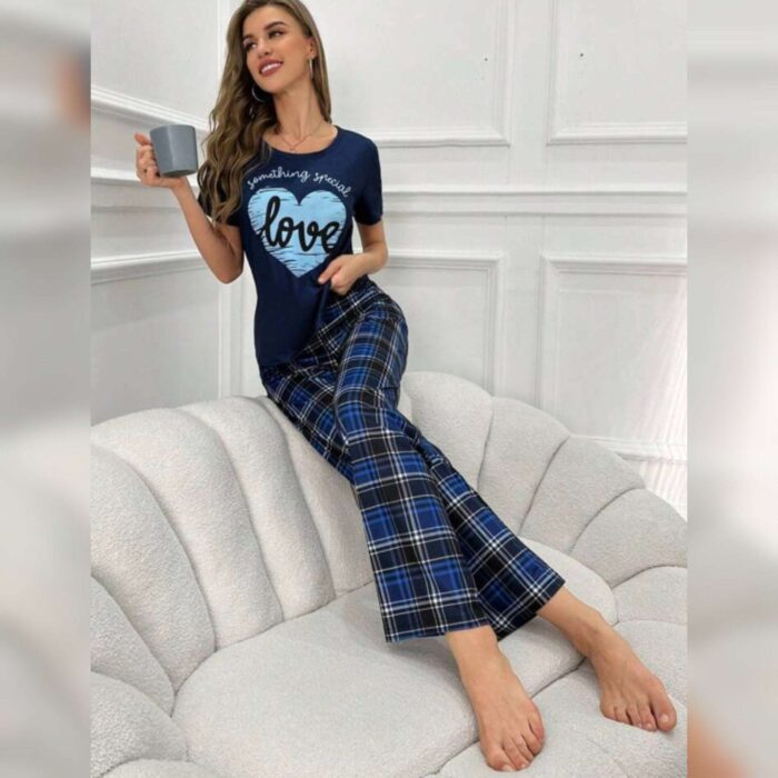 Black With Blue Love Heart Print Half Sleeves T-shirt With Check Printed Trouser Suit - Image 5
