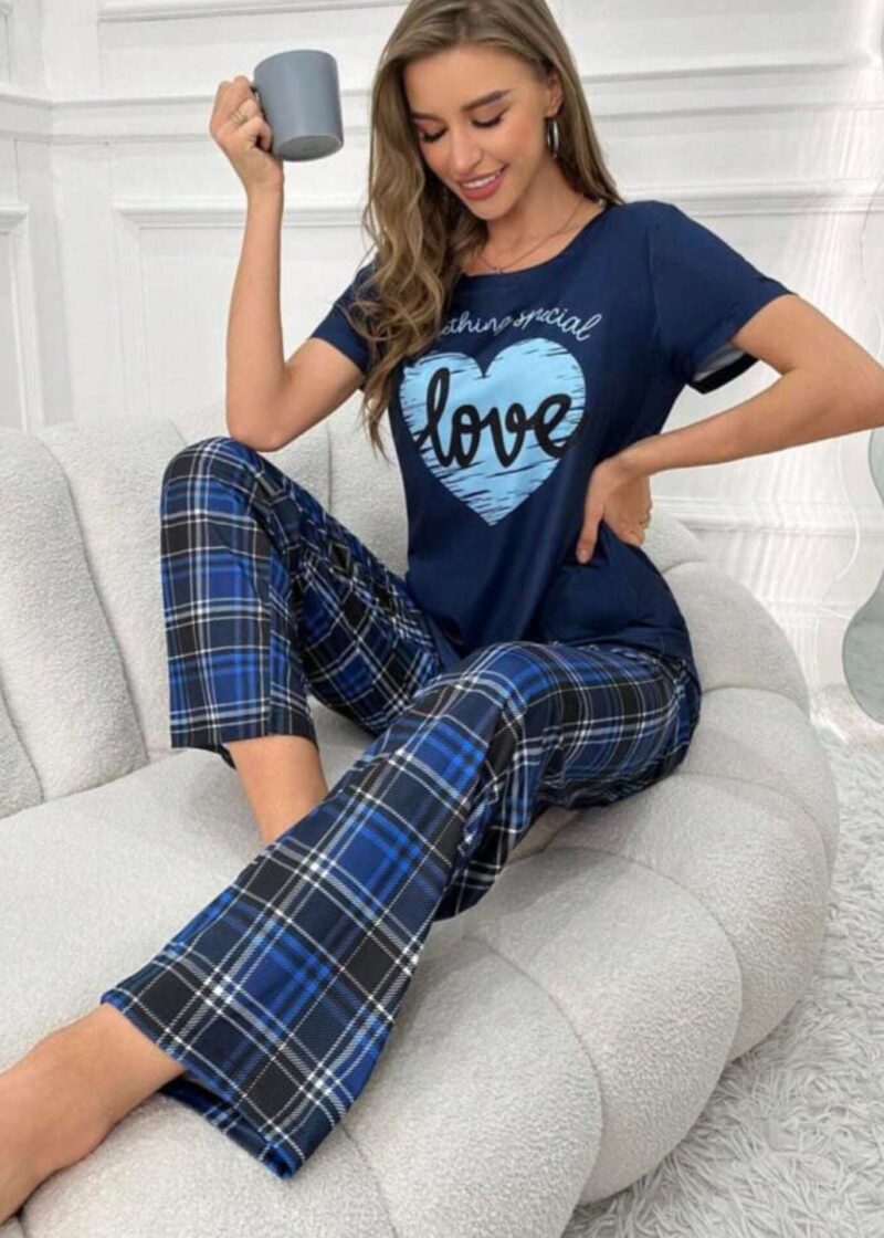 Black With Blue Love Heart Print Half Sleeves T-shirt With Check Printed Trouser Suit