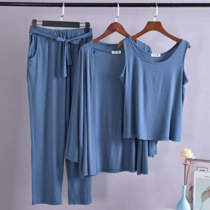 Blue Long Sleeve Gown with Sleeveless Inner Women & Girls Night Suit PJ Set 3 Pieces