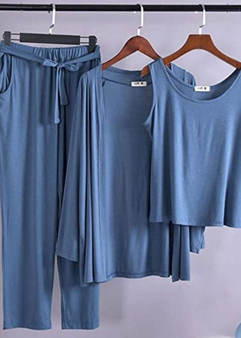 Blue Long Sleeve Gown with Sleeveless Inner Women & Girls Night Suit PJ Set 3 Pieces