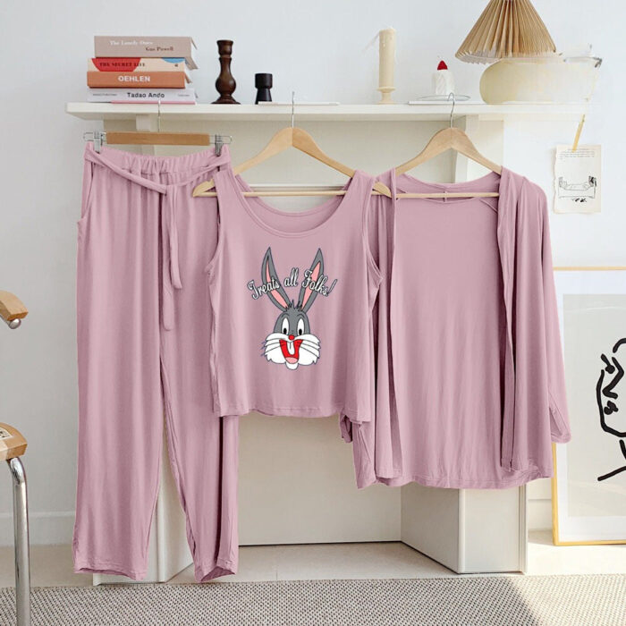 Bunny Hot Pink Long Sleeve Gown with Sleeveless Inner - Night Dress & Loungewear for Women & Girls (PJ Suit) 3 Pieces