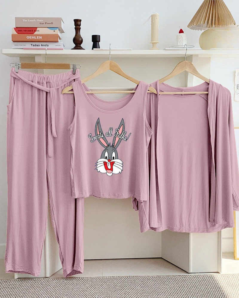 Bunny Hot Pink Long Sleeve Gown with Sleeveless Inner - Night Dress & Loungewear for Women & Girls (PJ Suit) 3 Pieces