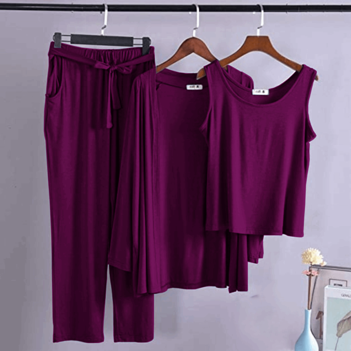 Burgendy Pink Long Sleeve Gown with Sleeveless Inner - Night Dress & Loungewear for Women & Girls (PJ Suit)3 Pieces