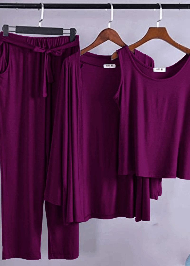 Burgendy Pink Long Sleeve Gown with Sleeveless Inner - Night Dress & Loungewear for Women & Girls (PJ Suit)3 Pieces