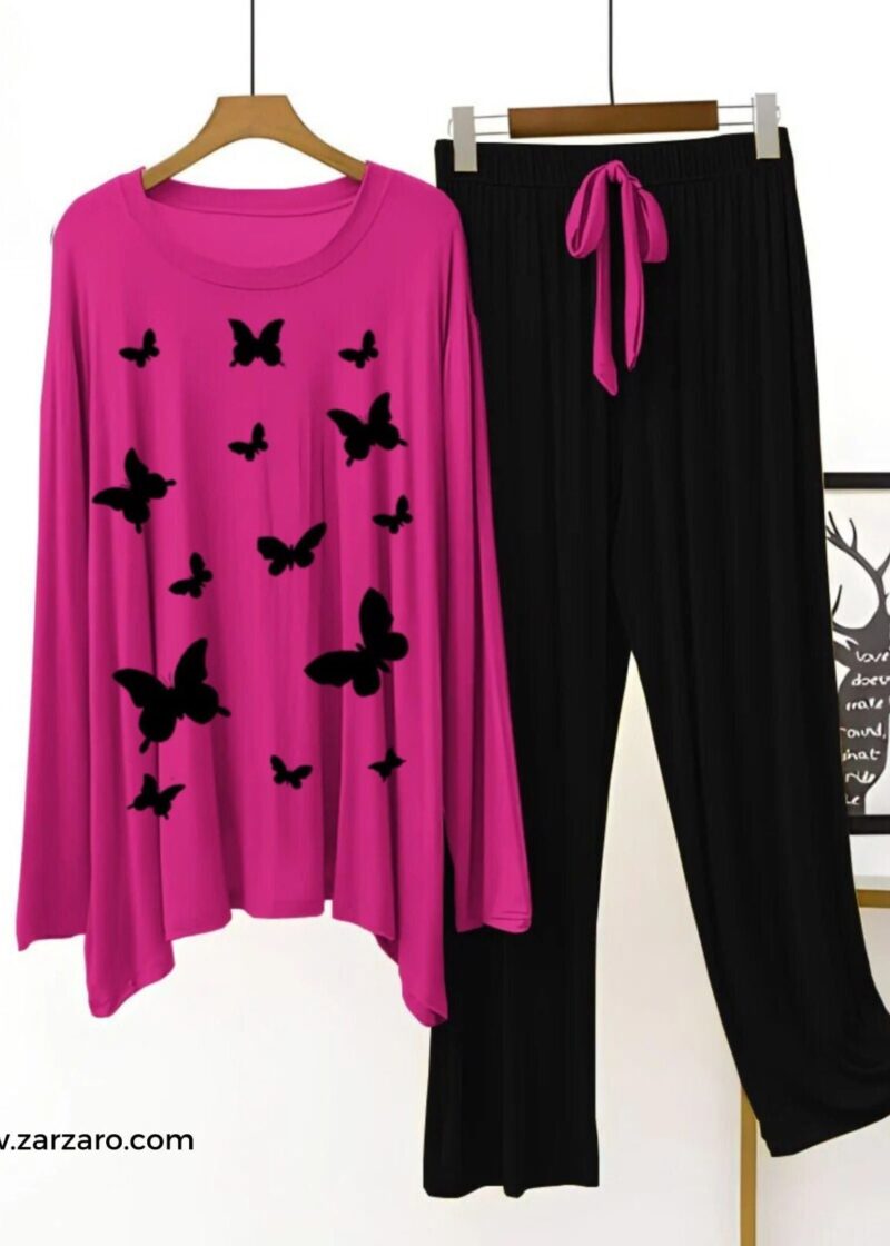 Butterflies Printed Pink T Shirt with Black Plazzo Nightwear Loungewear