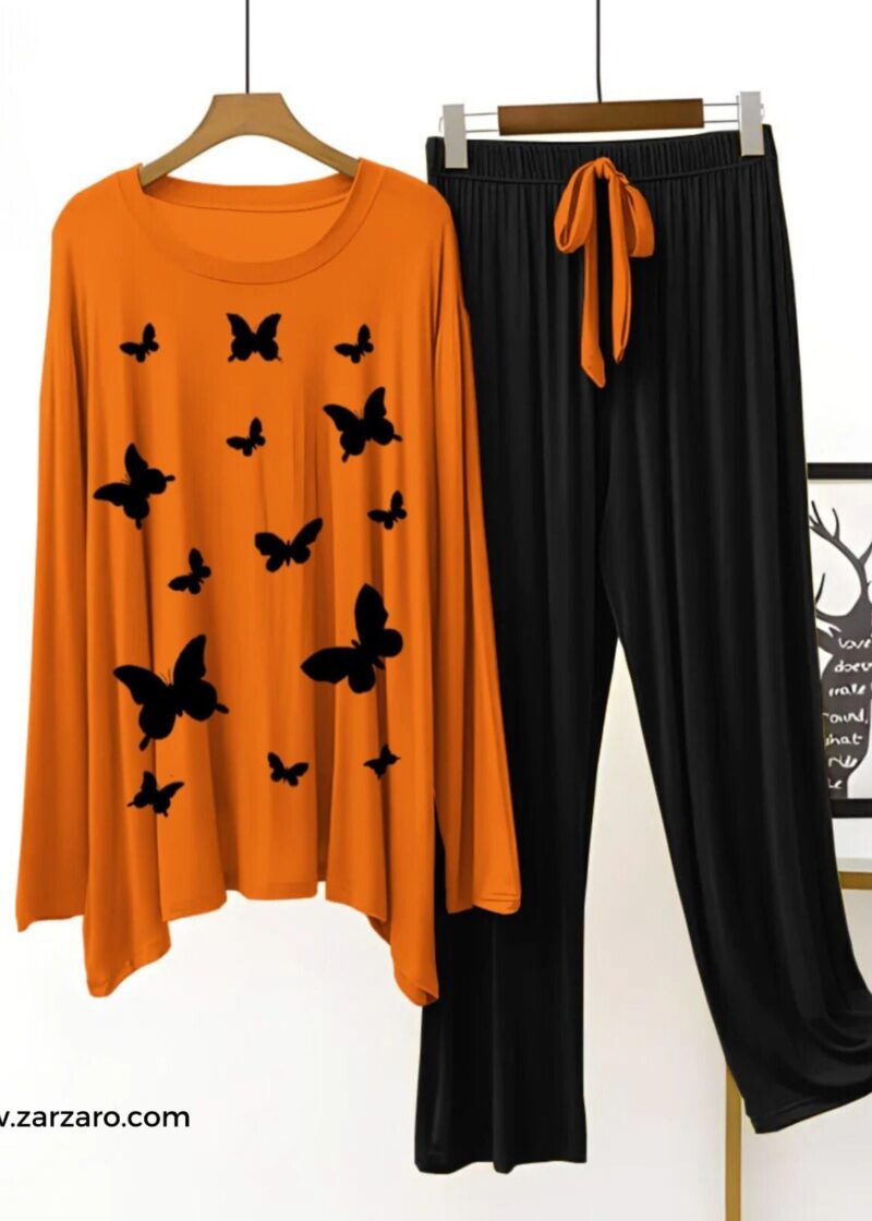 Butterflies Printed Copper Orange T Shirt with Black Plazzo Nightwear Loungewear