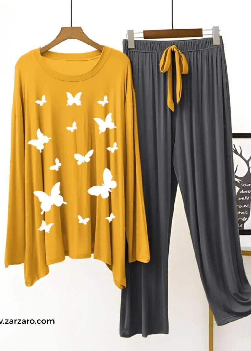 Butterflies Printed Mustard T Shirt with Grey Plazzo Nightwear Loungewear