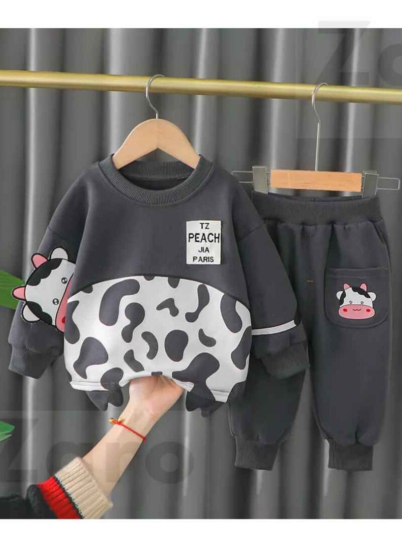 Featured image for ‘Charcoal Grey And White Cow Print Sweatshirt With Trouser For Kids Baby & Baba Both’