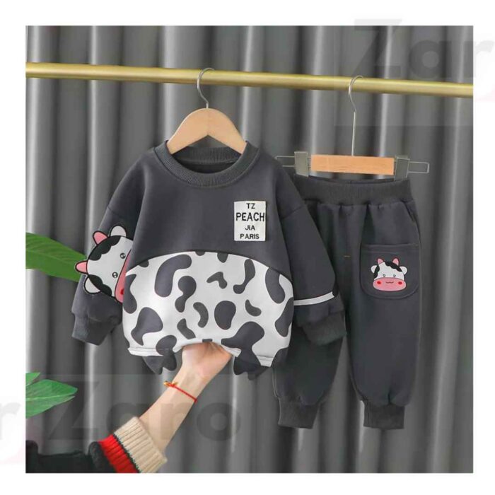 Charcoal Grey And White Cow Print Sweatshirt With Trouser For Kids Baby & Baba Both