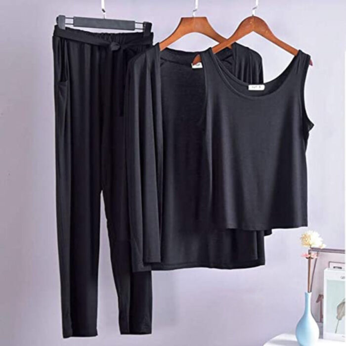 Charcoal Black Long Sleeve Gown with Sleeveless Inner - Night Dress & Loungewear for Women & Girls (PJ Suit) 3 Pieces