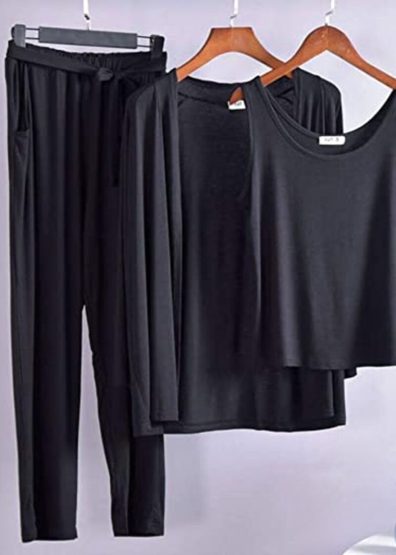 Charcoal Black Long Sleeve Gown with Sleeveless Inner - Night Dress & Loungewear for Women & Girls (PJ Suit) 3 Pieces
