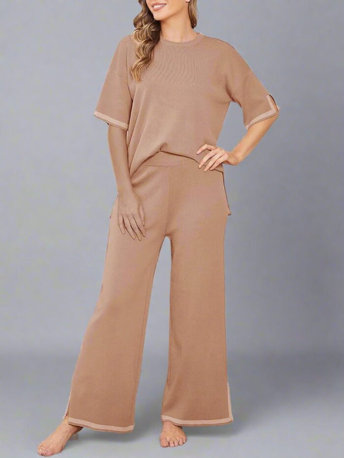 Coffee Brown Short Sleeve Tee with Palazzo For Women PJ Set - Image 3