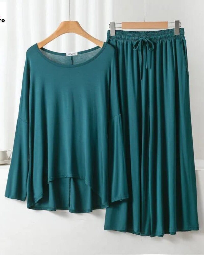 Deep Green Frill Sleeves Shirt With Lose Style Lounge Wear