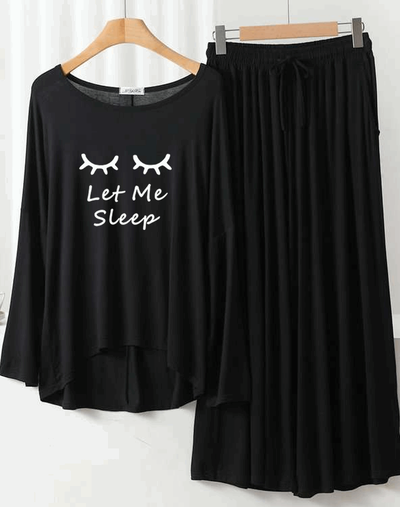 Deep Black Let Me Sleep Round Neck Plazzo PJ Set