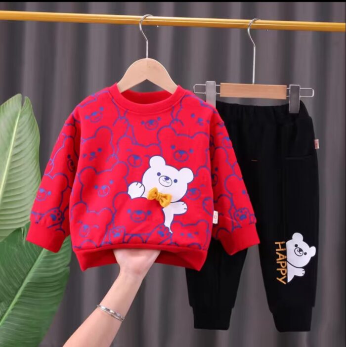 Deep Red Multi Bears Printed Sweatshirt With Black Trouser Tracksuit (For Kids Baby & Baba Both)