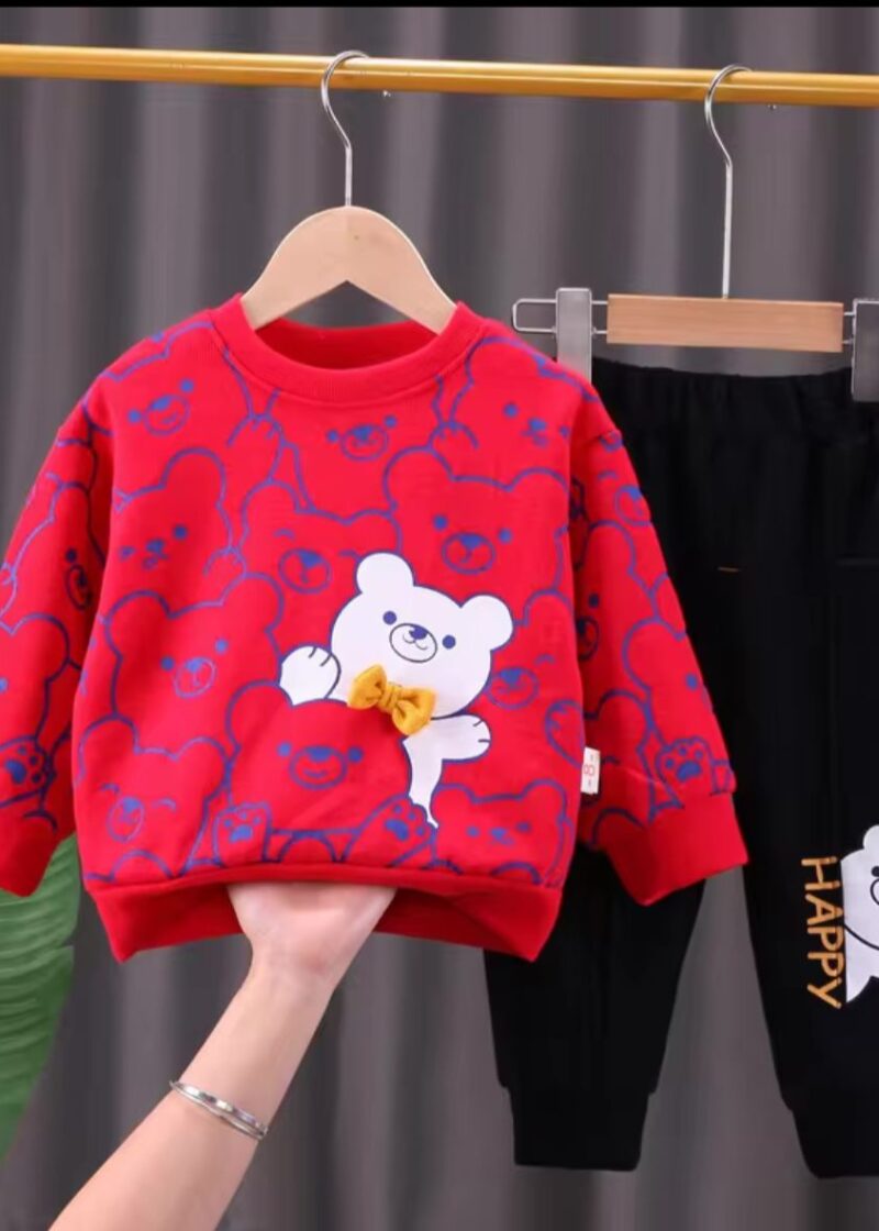 Deep Red Multi Bears Printed Sweatshirt With Black Trouser Tracksuit (For Kids Baby & Baba Both)