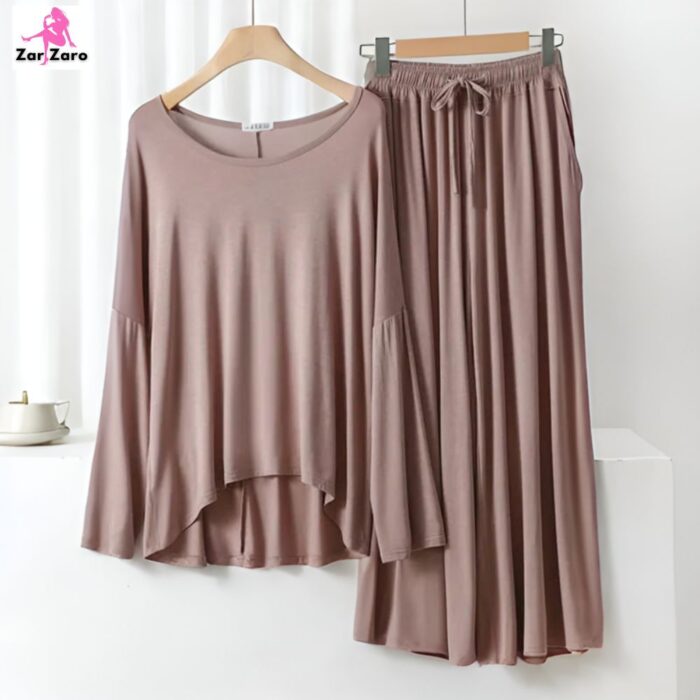 Elegant Fawn Color Round Neck Tee with Plazzo PJ Set- Nightwear