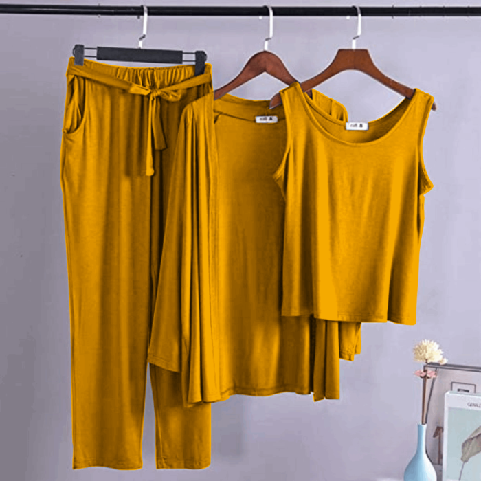 Golden Yellow Long Sleeve Gown with Sleeveless Inner - Night Dress & Loungewear for Women & Girls (PJ Suit)3 Pieces