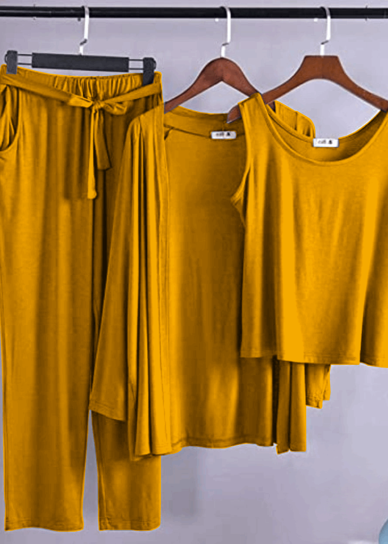 Golden Yellow Long Sleeve Gown with Sleeveless Inner - Night Dress & Loungewear for Women & Girls (PJ Suit)3 Pieces