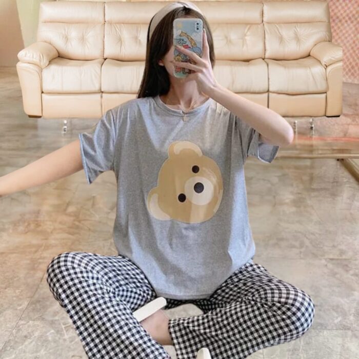 Grey Bear Half Sleeves T-shirt With Check Printed Trouser Suit