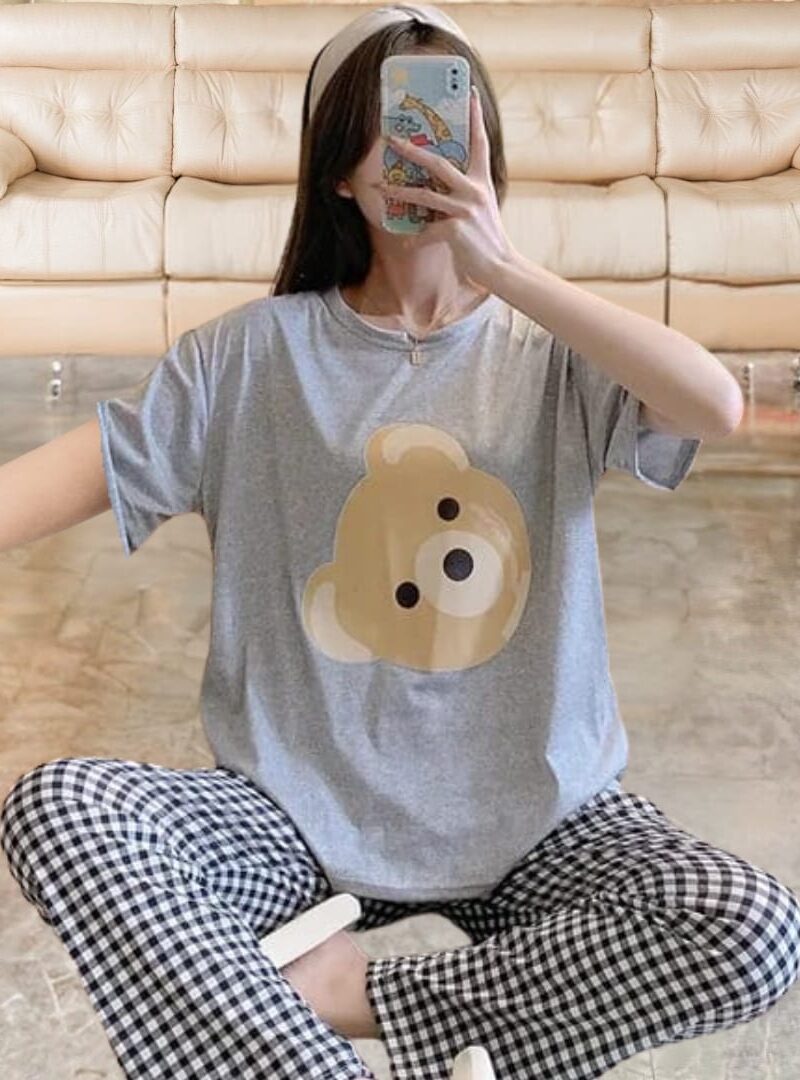 Grey Bear Half Sleeves T-shirt With Check Printed Trouser Suit