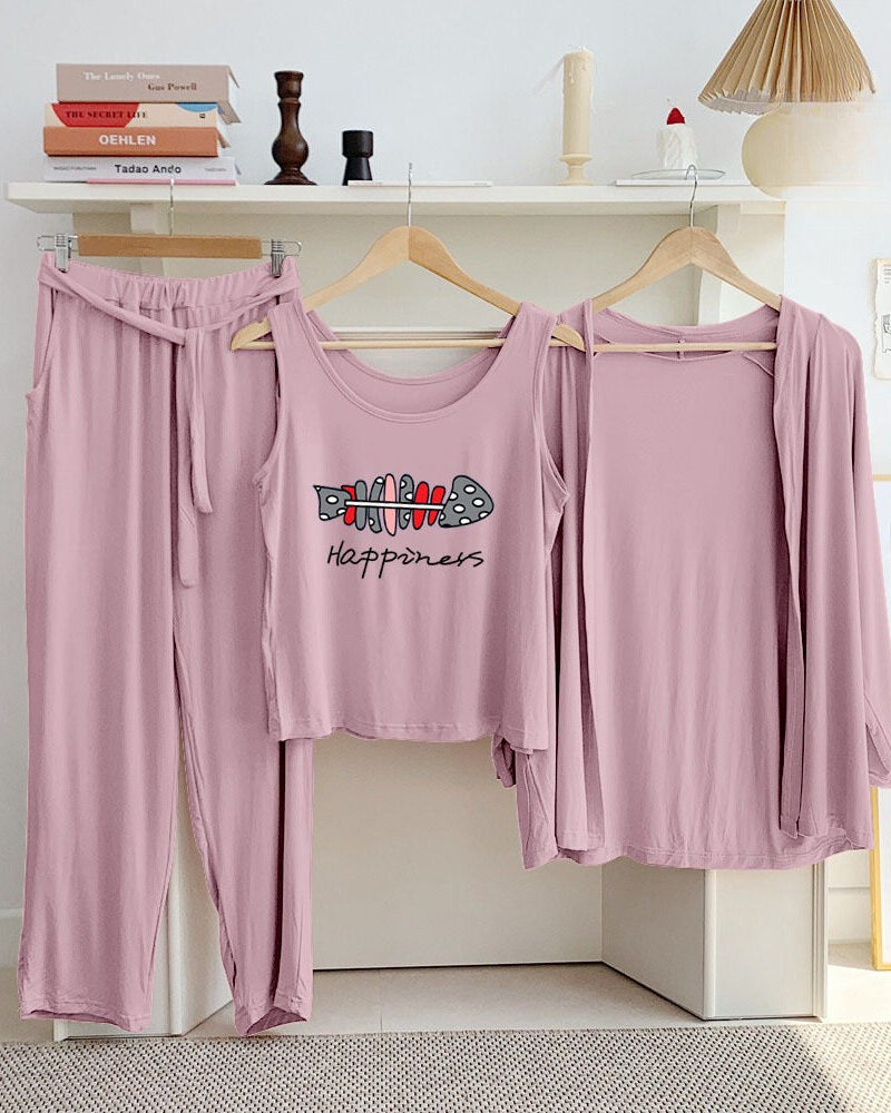 Happiness BBQ Rose Pink Long Sleeve Gown with Sleeveless Inner (Complete Set) - Night Dress & Loungewear for Women & Girls (PJ Suit) 3 Pieces