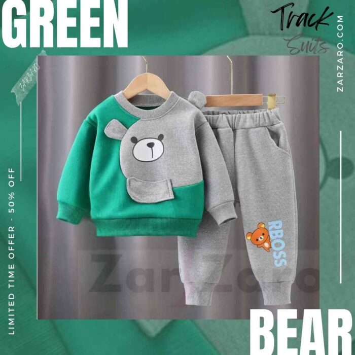 Green With Grey Bear Sweatshirt With Trouser For Kids Baby & Baba Both - Image 2