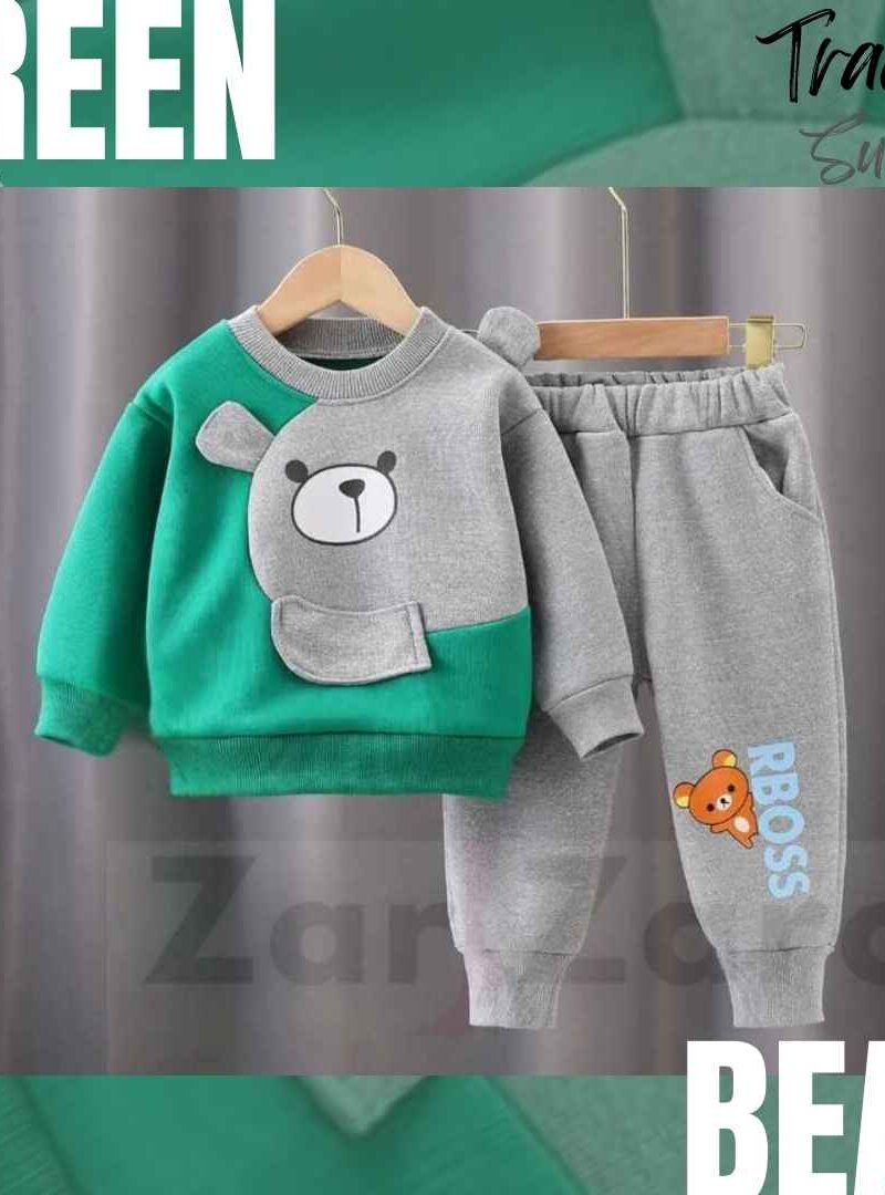 Green With Grey Bear Sweatshirt With Trouser For Kids Baby & Baba Both