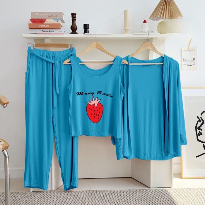Ice Blue Cherry Long Sleeve Gown with Sleeveless Inner (Complete Set) - Night Dress & Loungewear for Women & Girls (PJ Suit) 3 Pieces