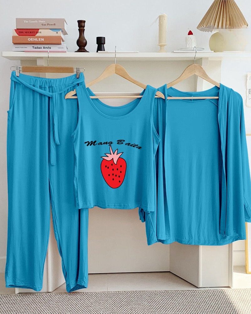 Ice Blue Cherry Long Sleeve Gown with Sleeveless Inner (Complete Set) - Night Dress & Loungewear for Women & Girls (PJ Suit) 3 Pieces