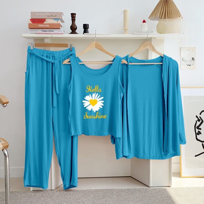 Ice Blue Sunshine Lily Long Sleeve Gown with Sleeveless Inner (Complete Set) - Night Dress & Loungewear for Women & Girls (PJ Suit)3 Pieces
